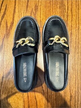 Dream Pairs Black Slip-On Mules with Gold Chain
